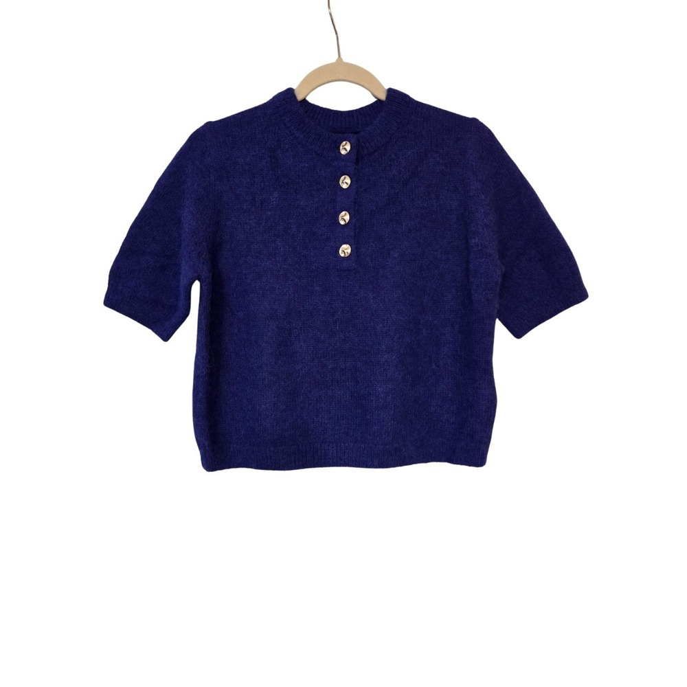 Massimo Dutti Alpaca Blend Sweater Hammered Gold Buttons Blue Size M NWT - Picture 2 of 7